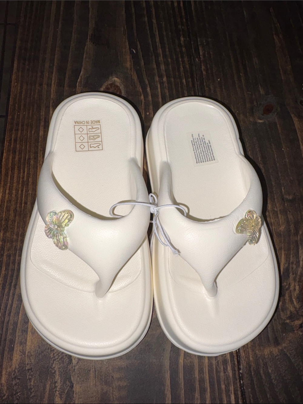 Cream Platform Flip Flop Sandals with Iridescent Butterfly Charms